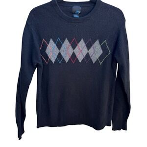 Spring + Mercer 100% Cashmere Luxury Preppy Argyle Crewneck Sweater Black Mens M